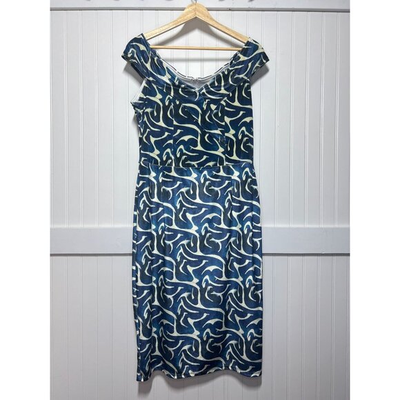 Averie NWT Thea Off Shoulder Blue Abstract Print Cap Sleeve V-Neck Sheath Dress - Picture 2 of 15
